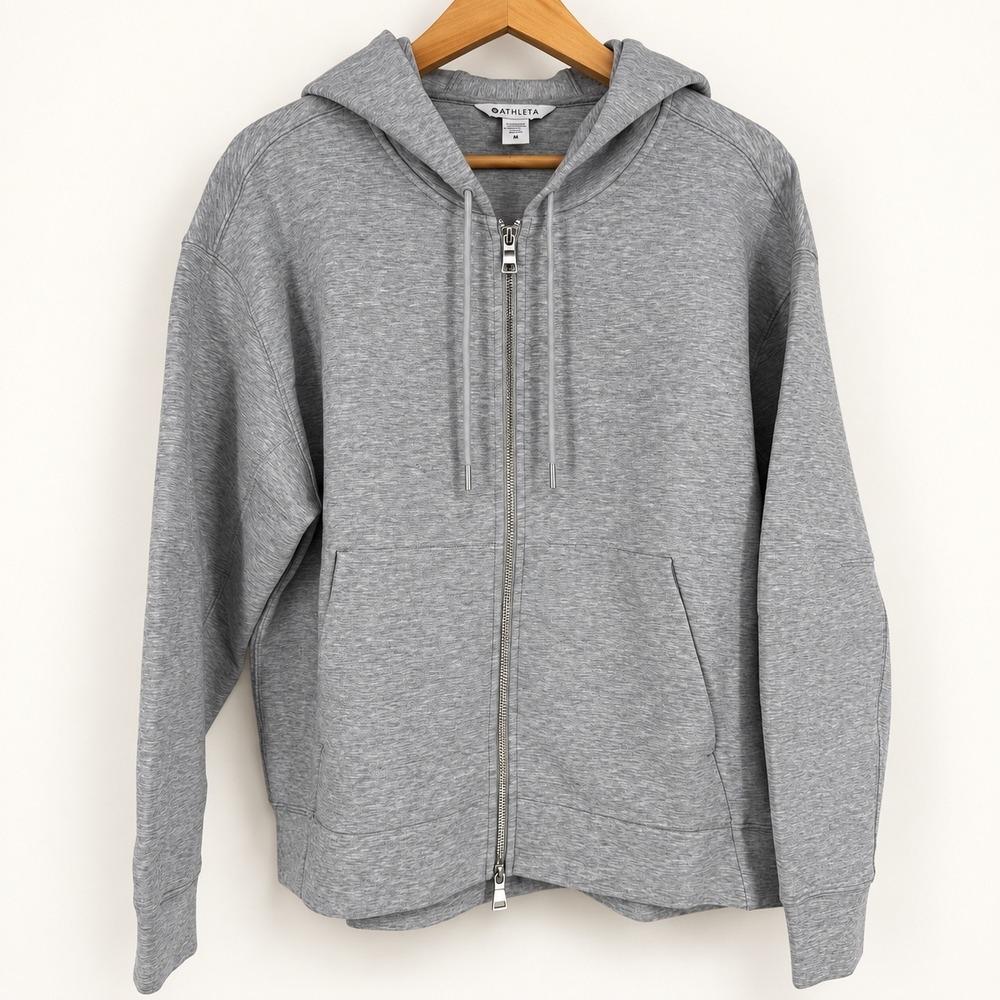 NEW Athleta Women Medium Form Knit Full Zip Hoodie Gray Athleisure Travel Layer